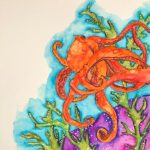 Orange Octopus with Purple Reef: Original watercolor 12 x 10 $250
